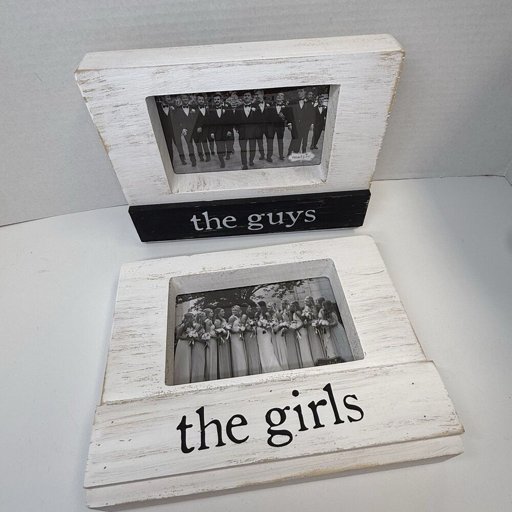 Mud Pie THE GIRLS & THE GUYS Wedding Party Wooden Picture Frames Set Of 2 New